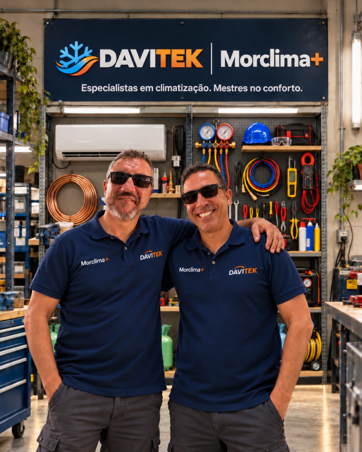 Equipa Davitek e Morclima+ junta na oficina, junto ao painel da parceria